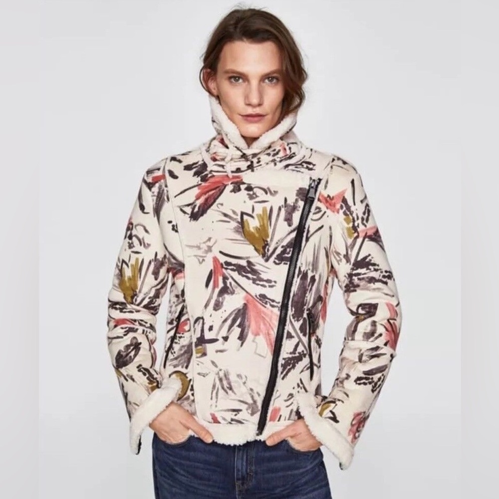 Zara‎ Floral Print Micro Suede/Sherpa Moto Jacket